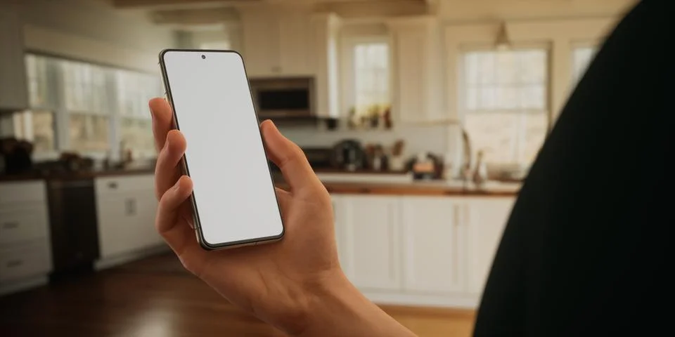 CU Caucasian man using his phone at home, daytime shot Foto stock