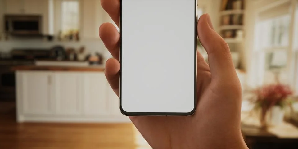 CU Caucasian man using his phone at home, daytime shot Foto stock
