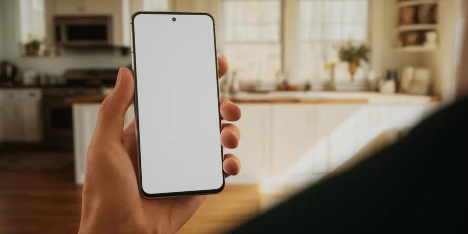 CU Caucasian man using his phone at home, daytime shot 스톡 사진
