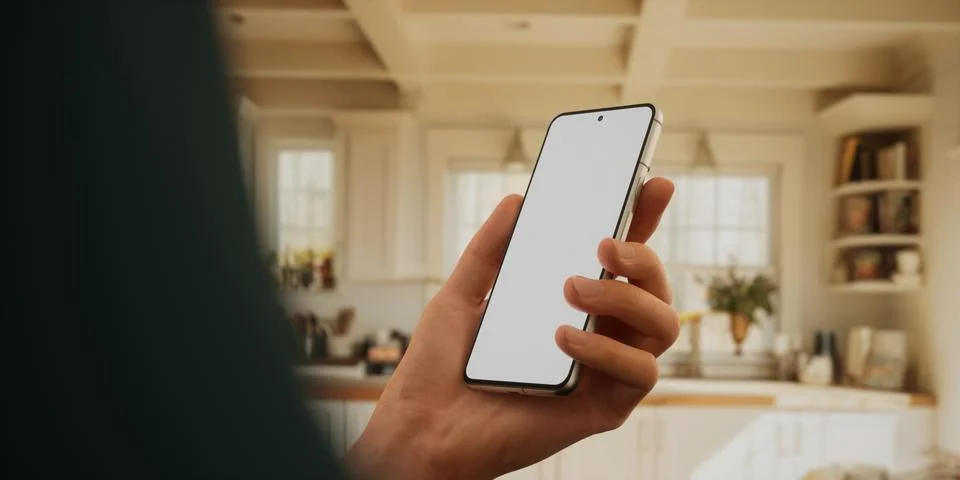 CU Caucasian man using his phone at home, daytime shot Stock Photos