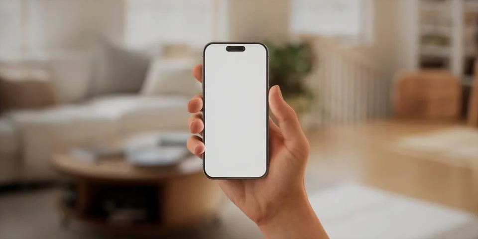 CU Caucasian man using his phone at home, daytime shot 스톡 사진