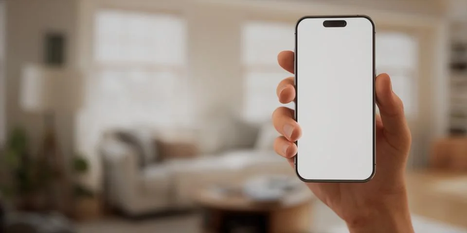 CU Caucasian man using his phone at home, daytime shot Foto stock