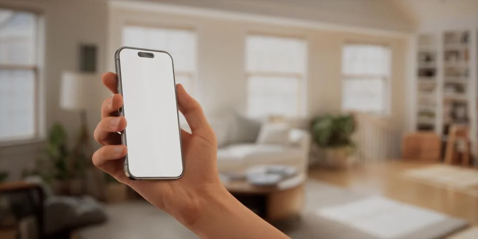 CU Caucasian man using his phone at home, daytime shot Foto stock