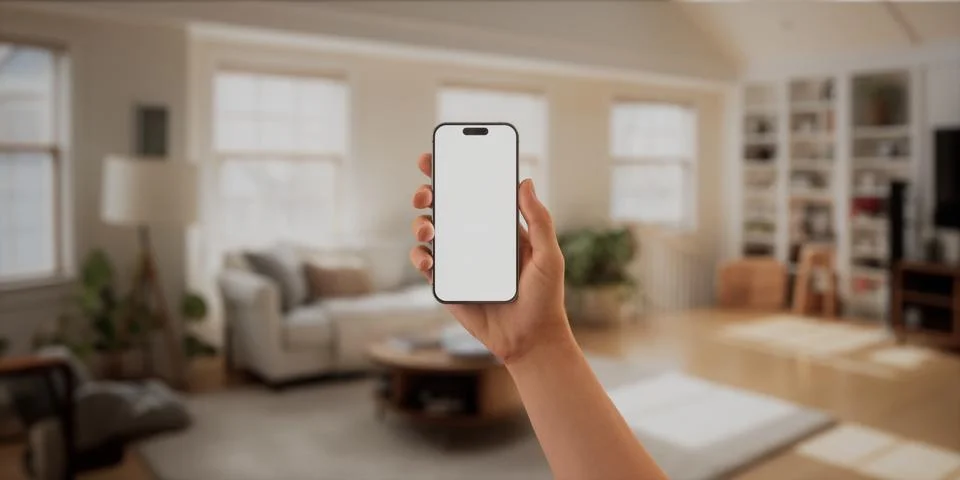 CU Caucasian man using his phone at home, daytime shot Stock Photos