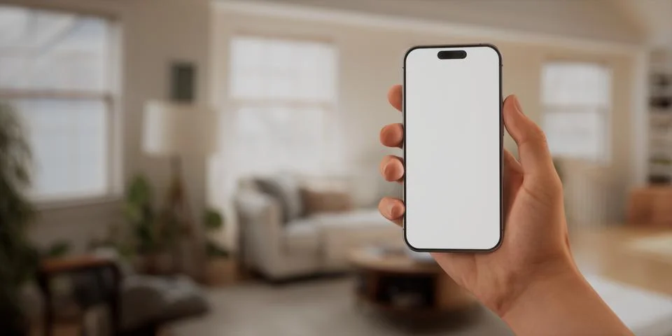 CU Caucasian man using his phone at home, daytime shot Foto stock