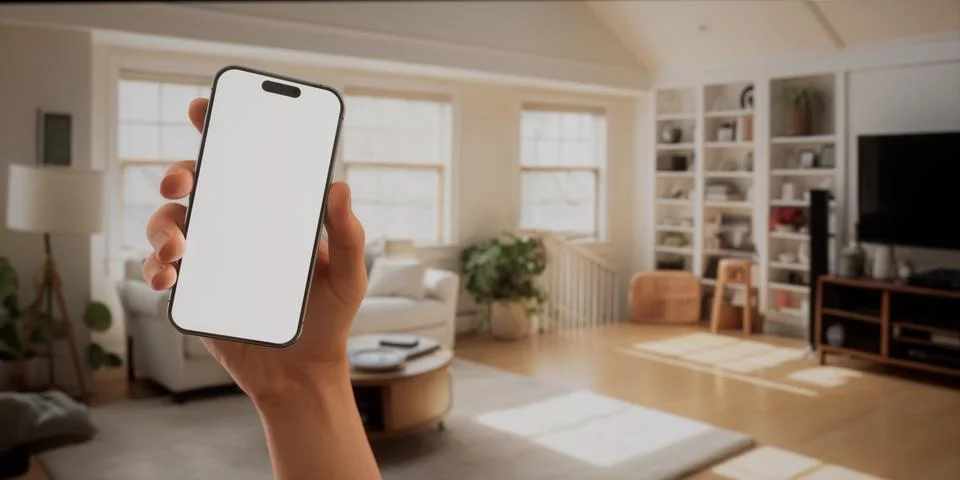 CU Caucasian man using his phone at home, daytime shot Foto stock