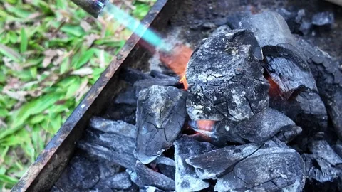 CU: Cinematic Blue Blowtorch Flame Lighting BBQ Charcoal Stock Footage 334200903
