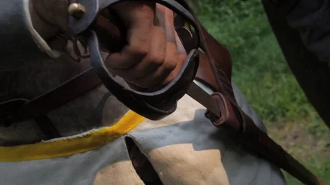 C.U. Colonial Soldier with sword, shield and helmet Stock Footage 81230779