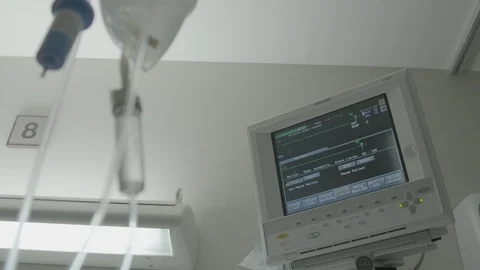 CU Computer Screens and IV in Hosptial Emergency Room HD Video Stock Footage