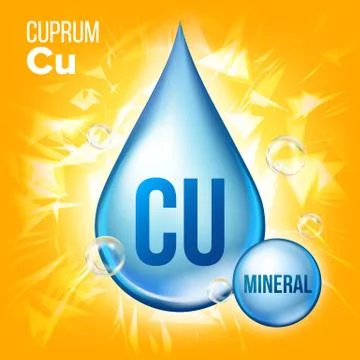 Cu Cuprum Vector. Mineral Blue Drop Icon. Vitamin Liquid Droplet Icon. Substance Stock Illustration