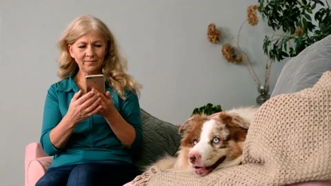 CU Elderly woman sitting on couch Chatting with phone Petting dog Stock Footage 161837145