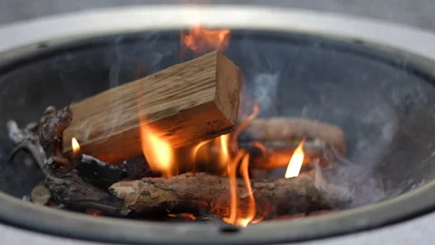CU fire, slow motion, burning fire flame, BBQ cooking outdoors Stock Footage 201684281