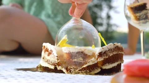 CU of Genius Hack For Cutting Cake Using Only Wine Glasses Stock Footage 158886912