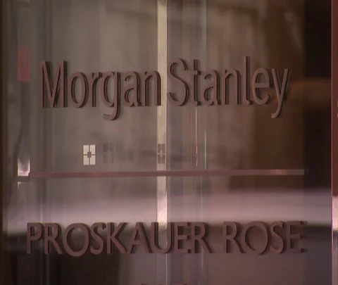 CU glass door with Morgan Stanley and Proskauer Rose lettering Stock Footage 86749090