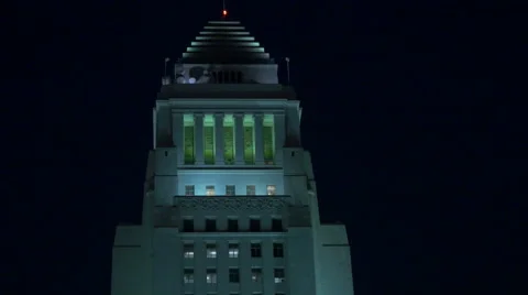CU of LA City Hall Tower Top at Night Stock Footage 54179258