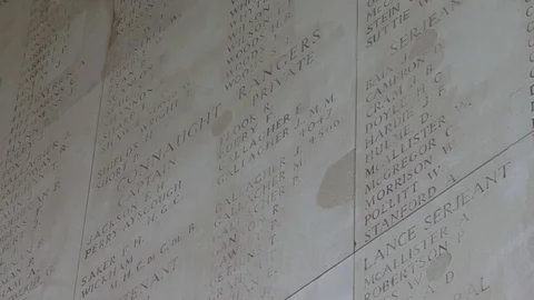 CU Low Angle Names of the Dead Connaught Rangers Panel at Menin Gate Memorial Stock Footage 98187944