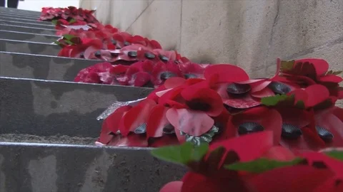 CU Low Angle Poppy Wreaths on the Stairs at Menin Gate in Ypres Stock Footage 112340484
