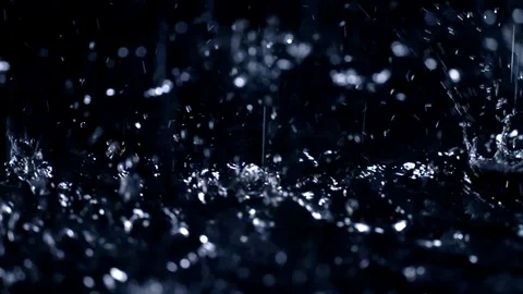 CU macro detail of rain drops falling straight on dark water in slow motion HD Stock Footage 116456354