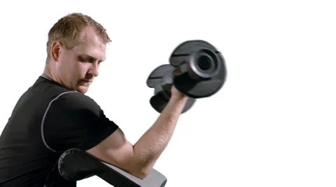 CU Man Doing Bicep Curls on Exercise Bench with White Background 4K Stock Footage 57986810