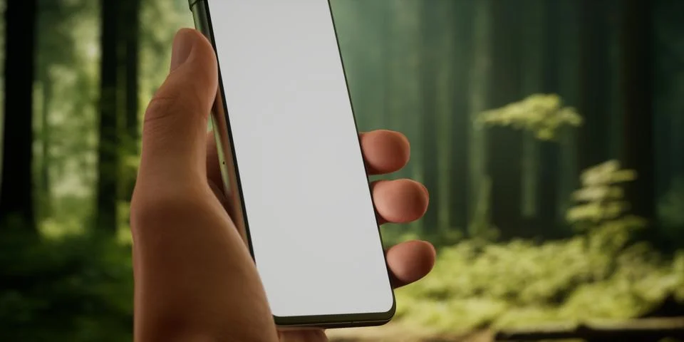 CU Man using his phone outdoors in the forest during hiking or camping trip Stock Photos