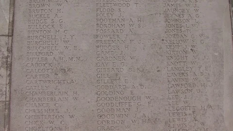 CU Name Memorial on wall at Tyne Cot Cemetery in Ypres, Belgium Stock Footage 98401969