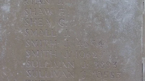 CU Names of the Dead Panel at Menin Gate Memorial in Menin Gate, Ypres Stock Footage 98187934