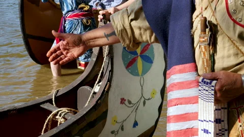 CU Native American hand welcomes Voyageurs Stock Footage 168090498