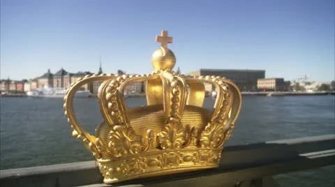 CU PAN Golden crown at edge of bridge / Stockholm Stock Footage