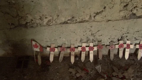CU Pan Remembrance Crosses at Memorial Structure in Essex Farm Cemetery Stock-Footage 97792619
