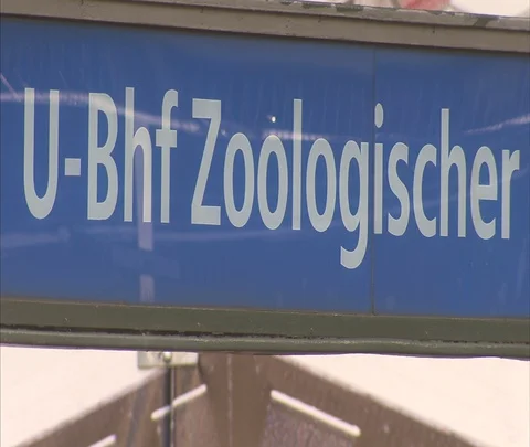 CU pedestrians walk in front of road sign for Zoologischer Garten Station Stock Footage 86743080