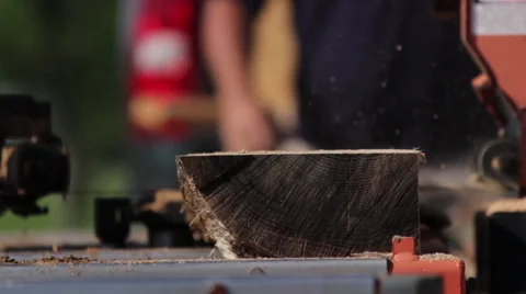 CU Portable sawmill cutting log low front angle Stock Footage 40472102