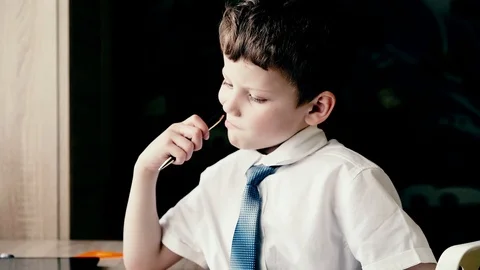 CU: Portrait of a boy who is preparing to go to school, he smiles. Stock Footage 105101306