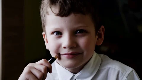 CU: Portrait of a boy who is preparing to go to school, he smiles. Vídeo Stock 105101372