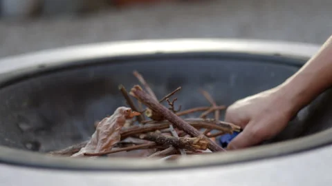 CU Preparing fire, slow motion, burning fire flame, BBQ cooking outdoors Stock Footage 201683003