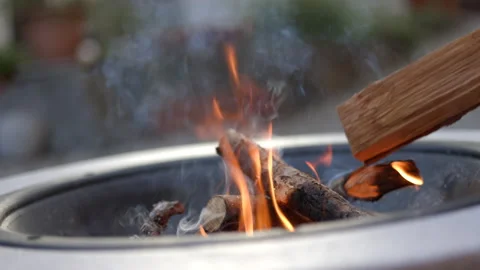 CU Preparing fire, slow motion, burning fire flame, BBQ cooking outdoors Stock Footage 201684858