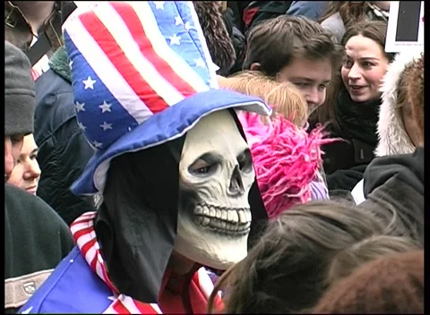 CU Skeleton Mask, US Flag Anti-War Protest London  15th Feb 2003 Stock Footage 238085572