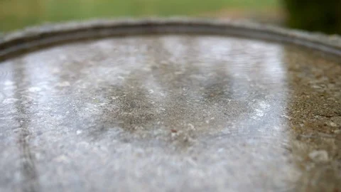 CU Slow-Mo Raindrops In Birdbath HD Stock Footage 127524562
