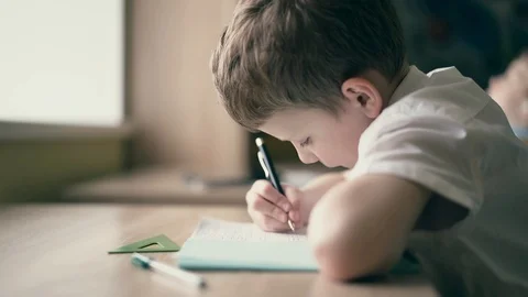 CU, Slow motion : Boy do school homework, writes a ballpoint pen in a notebook. Video stock 105100219