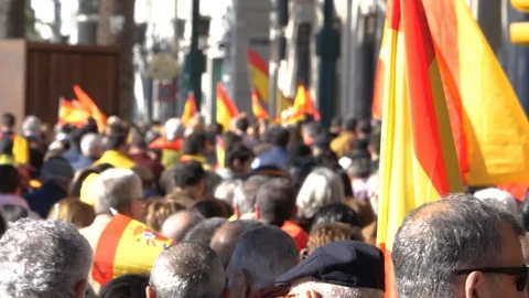 CU Slow Motion Crowd Spanish Flag &amp; Manifestation Stock Footage 129093152