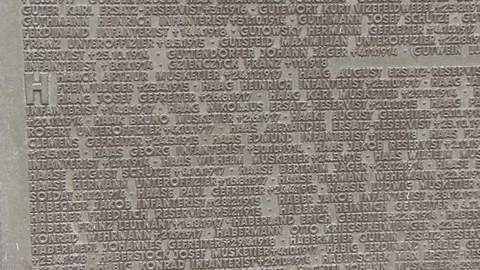 CU Soldier Names of the Dead Wall Inscriptions at Langemark German War Cemetery Stock Footage 98033245