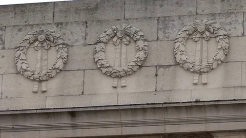 CU Stone Wreath Sculptures on Wall at Menin Gate in Ypres Stock-Footage 98187969