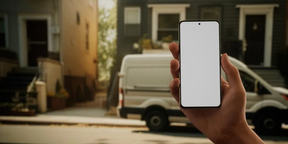 CU View of man checking the delivery details near the van outside in the street Stock Photos