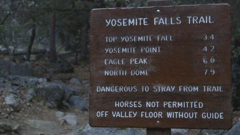 CU Yosemite Falls Trail Distances Sign in National Park Stock Footage 122400231