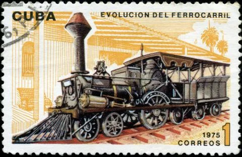 Cuba - circa 1975 : a post stamp printed in cuba shows moving train and devot 스톡 사진