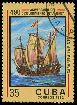 Cuba - circa 1982: a stamp printed in cuba shows ship la pinta, devoted disco Stock Photos
