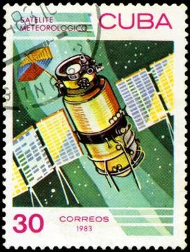 Cuba - circa 1983: a stamp printed in cuba, shows "satelite meteorologico" sp Stock Photos