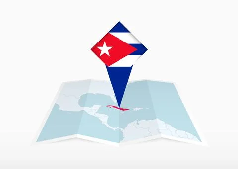 Cuba is depicted on a folded paper map and pinned location marker with flag.. Stock Illustration