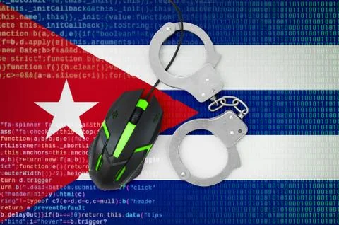 Cuba flag  and handcuffed computer mouse. Combating computer crime, hackers a Stock-Fotos