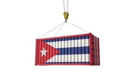 Cuba flag cargo trade container hanging from a crane. 3D Render Illustrazione stock