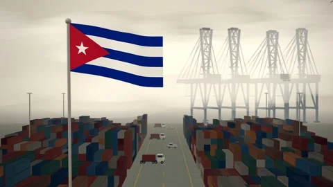 Cuba Flag Flying Over A Container Port Terminal In Morning Haze Video stock 344408511